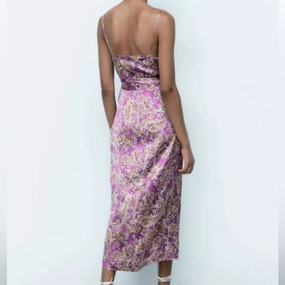 Zara Women’s Satin Effect Lavender Paisley Bow Tie Wrap Midi Dress - Size S - Picture 4 of 15